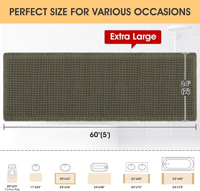 IM HOME Waffle Bath Mat Olive Green 5'x2', Boho Woven Modern Bath Mat Rugs, Absorbent Non Slip Bathroom Rugs, Soft Washable Bath Rugs with Tassels for Bathroom, Bedroom, Kitchen, Shower, Tub