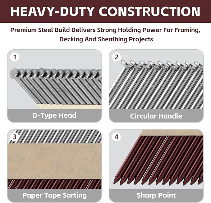 30 Degree Framing Nails 3"X .12" Smooth Shank 800 Count,D Head Paper Tape Strip Nails, for 30 to 34 Degree Framing Nailer