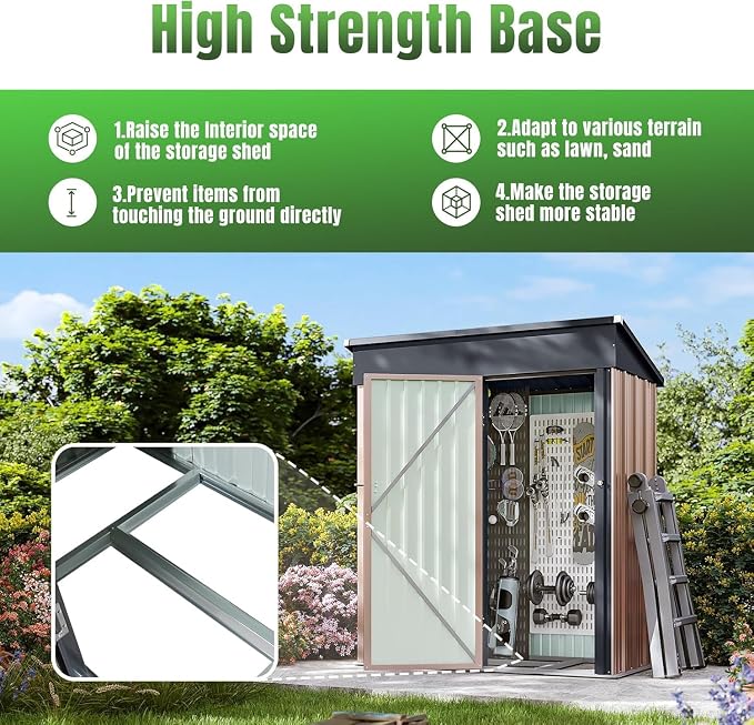 Aoxun 5x3 FT Shed Outdoor Storage Shed with Base, Brown | Metal Shed with Lockable Doors & Slooping Roof Garden Tool Shed for Backyard, Patio, Poolside