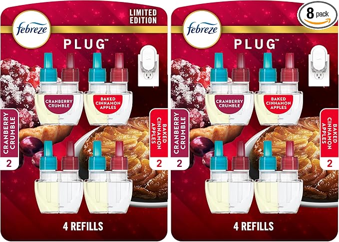 Febreze Odor-Fighting Fade Defy PLUG Air Freshener Baked Cinnamon Apple,Cranberry Crumble,.87 fl. oz. Oil Refill,(Pack of 8)