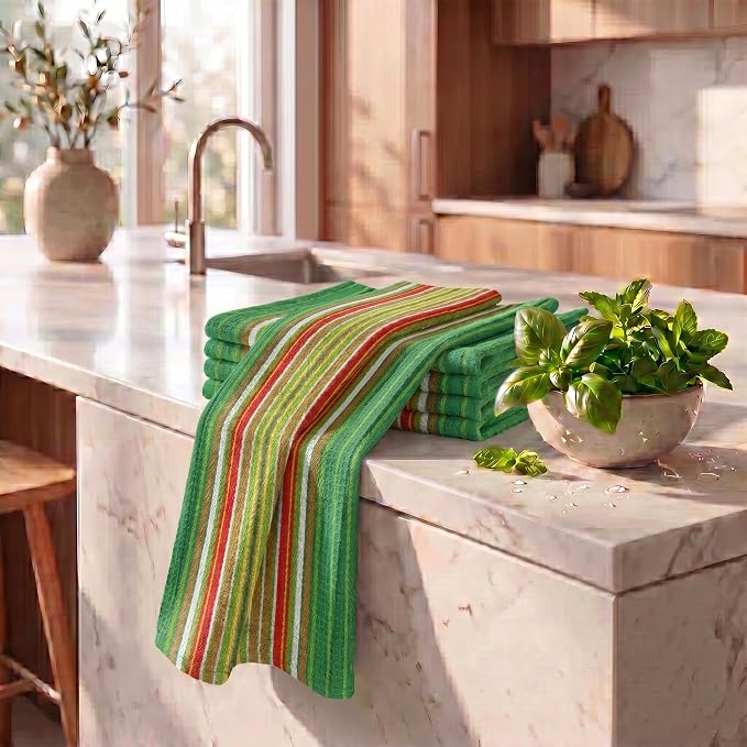 Urban Villa Kitchen Towels Waffle Stripes Dish Towels for Kitchen Leaf Green Set of 6 Kitchen Towels Highly Absorbent Cotton Over Sized 20X30 in with Mitered Corners Kitchen Hand Tea Towels
