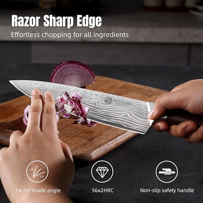 YOTSUBA 8 Inch Japanese Chef Knife, Ultra Sharp Professional Kitchen Knife, High Carbon Stainless Steel Knife with Ergonomic Wood Handle, Ideal for Home Cooking and Premium Gifting