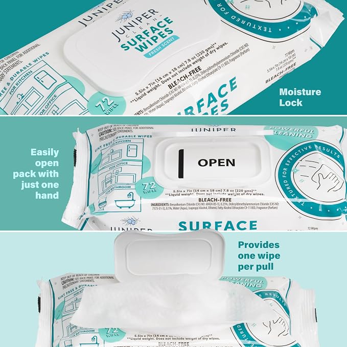 Juniper CLEAN 1 Pack Surface Cleaning Wipes Bleach Free, All-Purpose Cleaner for Bathroom, Kitchen, Office, 72 Count Soft Flow, Fresh Scent, Lint Free & Durable