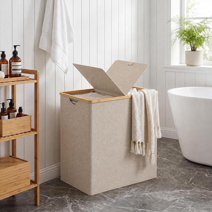 efluky Laundry Hamper with Lid, Double Laundry Basket with 2 Removable Bags, 2 Section Laundry Bin with Bamboo Handles for Bathroom, Bedroom & Laundry Room, 140L (36.9 Gallon) Oat