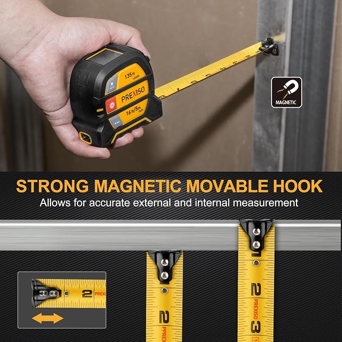 PREXISO 2-in-1 Laser Tape Measure, 135Ft Rechargeable Measurement Tool & 16Ft Measuring Movable Magnetic Hook - Pythagorean, Area, Volume, Ft/Ft+in/in/M Unit NOT Digital