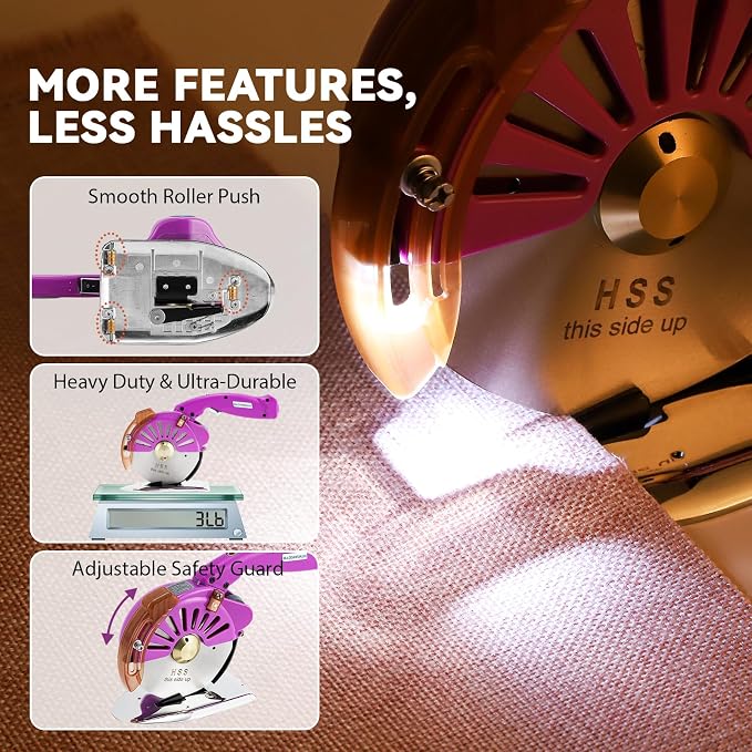 BAOSHISHAN 100mm Plug-in Electric Fabric Rotary Cutter Heavy Duty | Speed Adjustable Round Blade Fabric Cutting Machine for ≤1.06 inch Thickness Multilayer Fabric Leather Cloth Carpet (Purple)