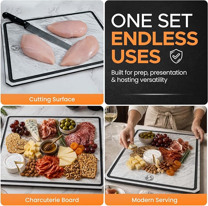 Earth's Dreams Composite Wood Cutting Board Set of 3, Marble Stone Look | Dishwasher Safe,Built In Juice Groove, Non-Toxic, Large, Medium & Small Non-Slip Wood Charcuterie & Chopping Boards