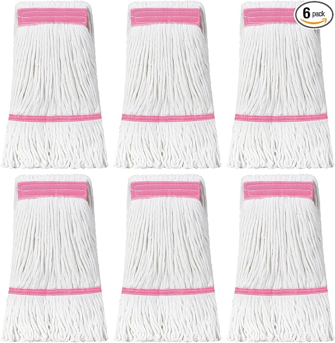 Eccliy 6 Pack Commercial Mop Heads Replacement Heavy Duty 18 oz Loop End Cotton String Wet Mop Refills Washable Absorbent Reusable for Industrial Home Tile Wood Concrete Floor (White,Pink)