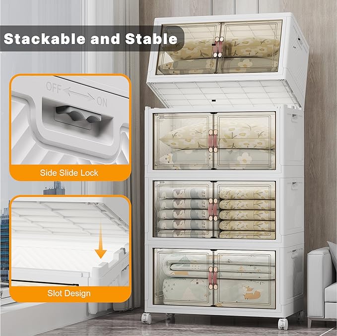 700QT Stackable Storage Bins with Lids, Storage Cabinet with Wheels | Clear Doors Lockable Storage Bins Collapsible Closet Organizer for Space Saving Easy Assembly Extra Large Capacity Heavy Duty