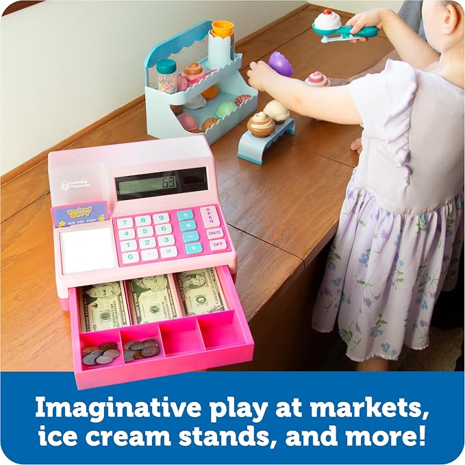 Learning Resources Pretend & Play Calculator Register Toy Pink - Kids Play Set & Credit Card Toy, Register for Kids, Pretend Grocery Store Shopping Playset for Toddlers, Teaching Math Set