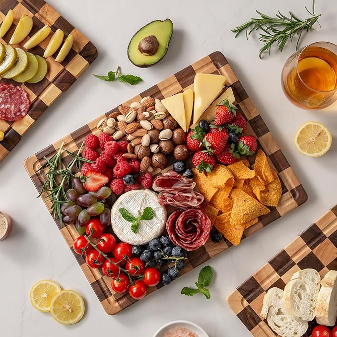 Checkered Cutting Board Set, Walnut Wood Cutting Boards for Kitchen | 3PCS Wooden Chopping Board with Juice Groove & Handles, Upgraded Decorative Serving Tray for Meat Vegetables Fruits with Box