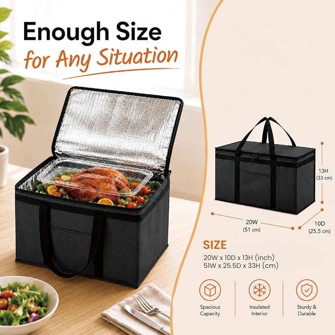 Insulated Food Bag, Portable Cooler Tote (2XL, Black, 2 Pack) | Large thermal bag, For cold & hot food, Soft sided cooler, Heavy duty carrier, Grocery shopping, Food delivery, Catering bag