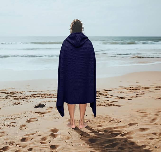 COTTON CRAFT Hooded Bath Towel for Adults – 100% Cotton Waffle Weave Towel | Oversized 35 x 70 inches Ringspun Terry Bath Sheet Wrap with a hood - Soft Super Absorbent Quick Dry – 450 GSM – Navy