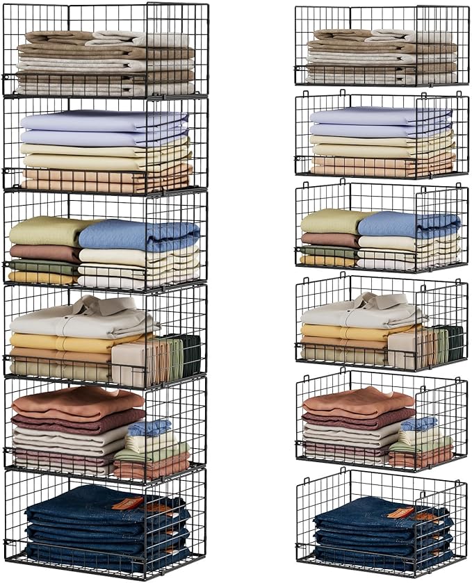 Yociyoga 6-Tier Stackable Closet Organizers and Storage Shelves, Closet Shelf Organizer Basket Bins, Foldable Sweater Storage for Clothes Organizer System, Black（Patent No. 30022416）