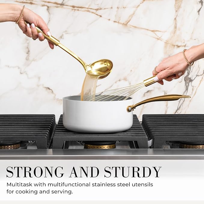 Styled Settings White and Gold Kitchen Utensils Set - 15-Piece BPA free, Non-Scratch, Utensils Set Includes White Silicone Cooking Utensils and Measuring Cups and Spoons