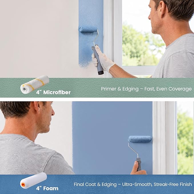 VOOMEY Professional Paint Roller Kit with Telescopic Extension Pole (44-89cm) 23cm, Polyester Paint Roller for Walls, 10cm Sponge Roller for Edges & Corners, Brush Set for Ceiling, DIY Home Renovation