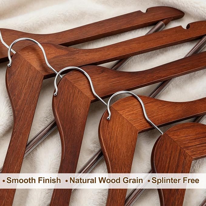 TOPIA HANGER Walnut Wooden Hangers 30 Pack, Wood Clothes Hangers, Durable Coat Hanger with 360-Degree Rotatable Hook, Non-Slip Pants Bar and Shoulder Notches for Camisole Tops - CT34WA30