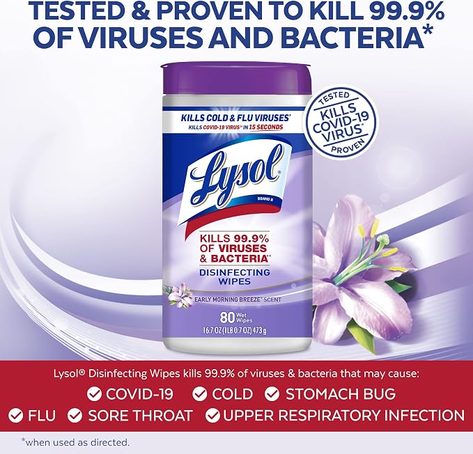 LYSOL Disinfecting Wipes, All Purpose Cleaner, Multi-Surface Antibacterial Cleaning Wipes, Household Cleaning Supplies, Dorm Essentials, Early Morning Breeze Scent, 80 ct.