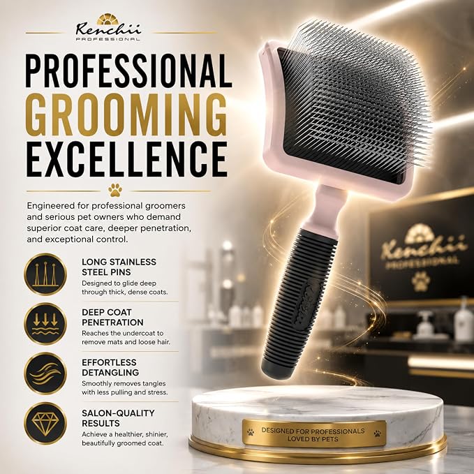 Kenchii Long Pin Slicker Brush for Dogs (Poodles, Doodles, Goldendoodles, Labradoodles), Professional Grooming Brush for Detangling, Fluffing & Dematting, Non-Slip Comfort Handle