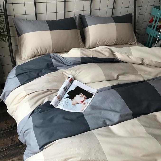mixinni Twin Size Checkered Duvet Cover Set - 3 Piece Grey Geometric Cotton Bedding Set with Zipper Closure & Corner Ties, 100% Washed Cotton Soft Breathable Duvet Cover for Men, Women, Teens (Twin)