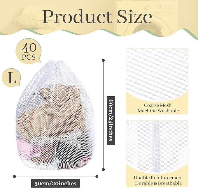 40 Pcs Mesh Laundry Bags Bulk with Drawstring 20 x 24'' White Heavy Duty Mesh Bag Machine Washable Sturdy Large Net Laundry Wash Bag for Dormitory College Apartment Travelling Camping