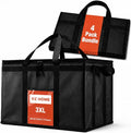 Insulated Food Bag, Portable Cooler Tote (3XL, Black, 4 Pack) | Large thermal bag, For cold & hot food, Soft sided cooler, Heavy duty carrier, Grocery shopping, Food delivery, Catering bag
