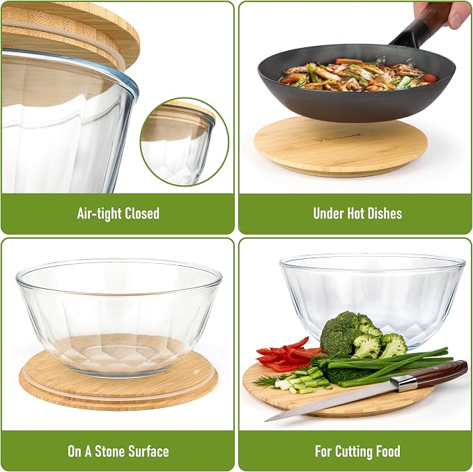 Large Stackable Set of 5 Nesting Glass Bowls with Bamboo Lids for Foodprep, Storage, Baking, Sourdough Mixing & Cooking. Microwave & Oven Safe Heat Resistant Inert Borosilicate Glass