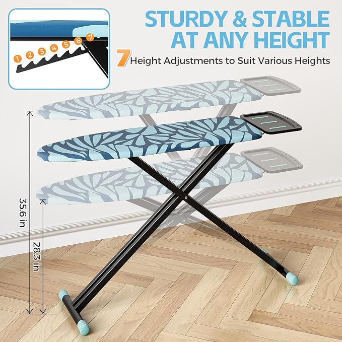 APEXCHASER Ironing Board Full Size, Iron Board and Ironing Board Set Height Adjustable, Foldable Ironing Boards Standard Size, Iron Table Stand with Anti-Skid Legs and Iron Rest, 13" x 43" Blue