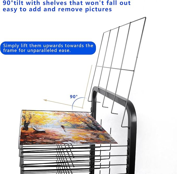 25 Removable Shelves Mobile Art Drying Rack for Classroom, Sturdy Metal Art Canvas Storage & Art Print Display Rack with Locking Wheels (32.22x14.6x17.3 In)，Painting Drying Rack，paper drying rack