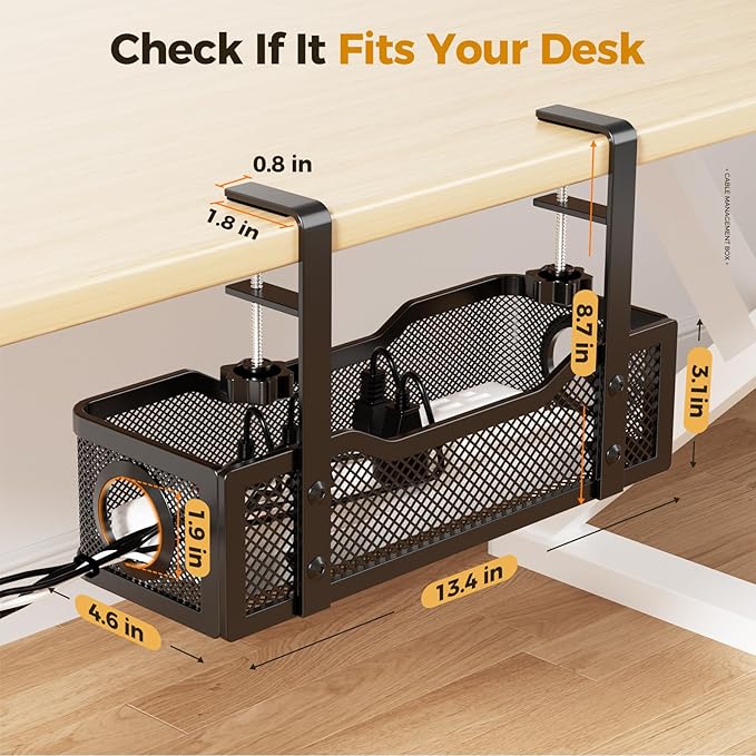 4 Pack Under Desk Cable Management Box Black, Cinati 53.6" Wire Organizers No Drill, Cord Organization Tray with Clamp for Office, Home - No Damage to Desk