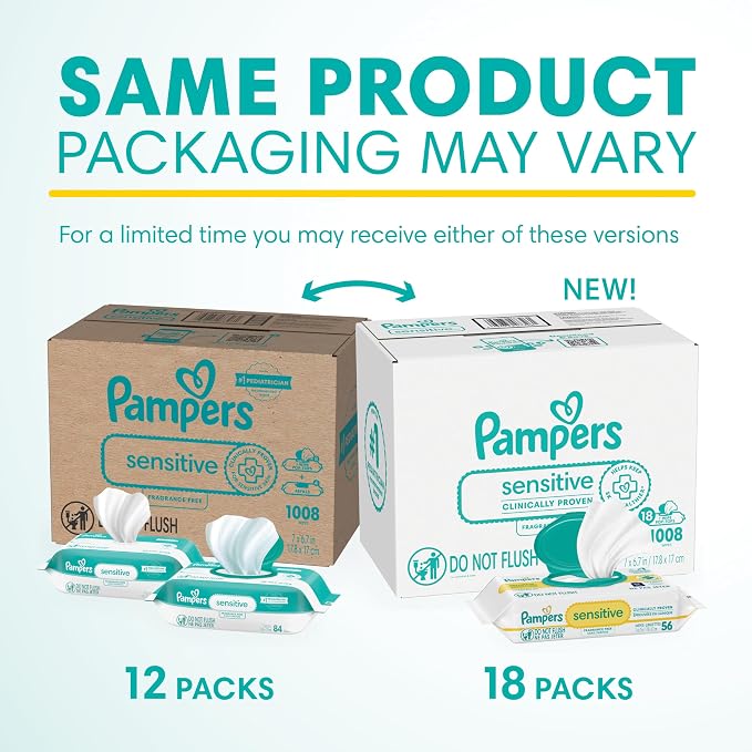 Pampers Sensitive Baby Wipes, Clinically Proven, Fragrance Free, Unscented, Water Based, Hypoallergenic, Multi-Use, Hand Wipes 1008 Wipes Total (18X Flip-Top Packs) [Packaging May Vary]