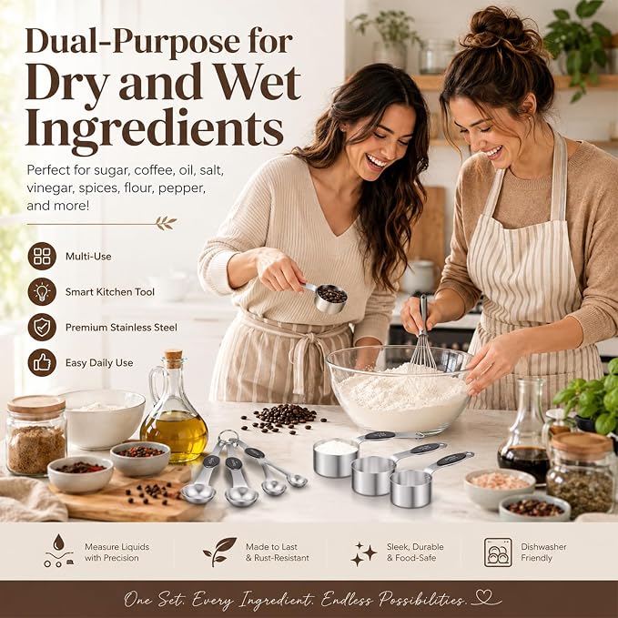 Magnetic Measuring Cups and Spoons Set - 304 Stainless Steel | Dual-sided Design | Set of 15 with Leveler | Strong N52 Magnetic Nesting Design | for Dry & Liquid Ingredients (Black)