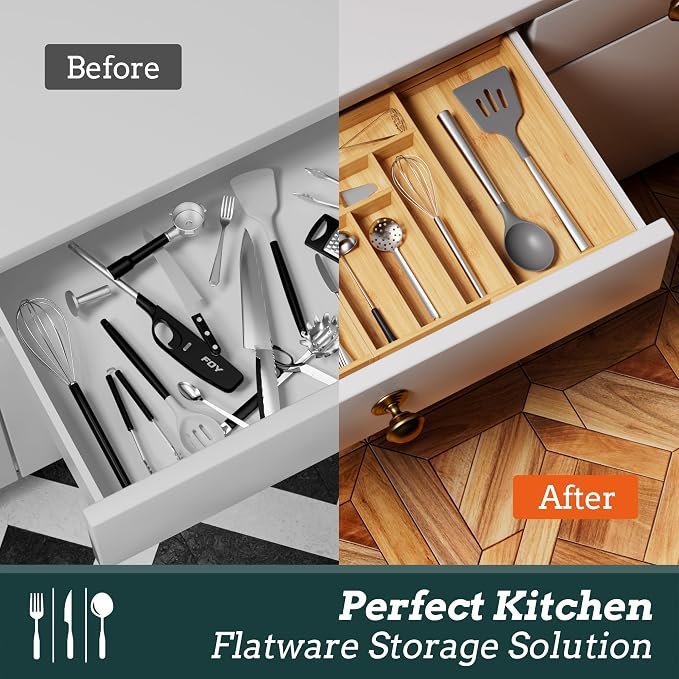 Silverware Organizer Large, Magnetic Connected Expandable 13 Slots Silverware Drawer Organizer From 21 to 37.4 Inches, Adjustable Flatware and Cutlery Holder, Bamboo Utensil Tray for Kitchen Natural