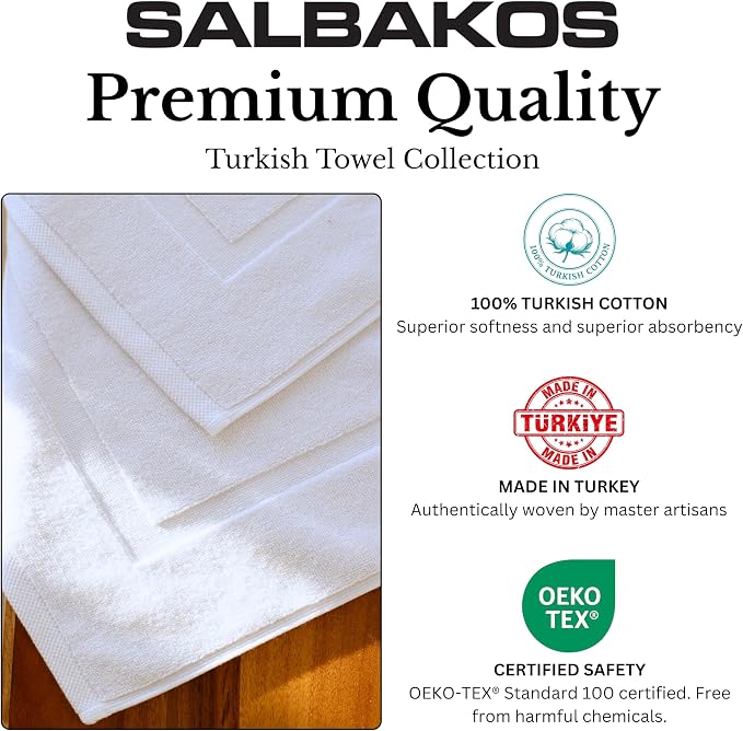 SALBAKOS 2-Piece 100% Turkish Cotton Bath Mat Towel, 20x34 inch, White | Bathroom Floor Towels, Thick Soft Most Absorbent Quick-Dry Durable Large Size Foot Rug, Premium Hotel Quality Made in Turkey