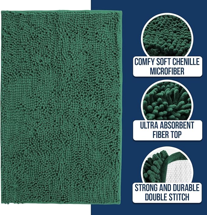 Muddy Mat® | Chenille Bathroom Rugs Quick Dry Microfiber Mats Non Slip Washable, Extra Thick, Soft and Highly Absorbent Bath Mats for Bathroom, Kitchen, and Shower Floor - Dark Green 24"x36"