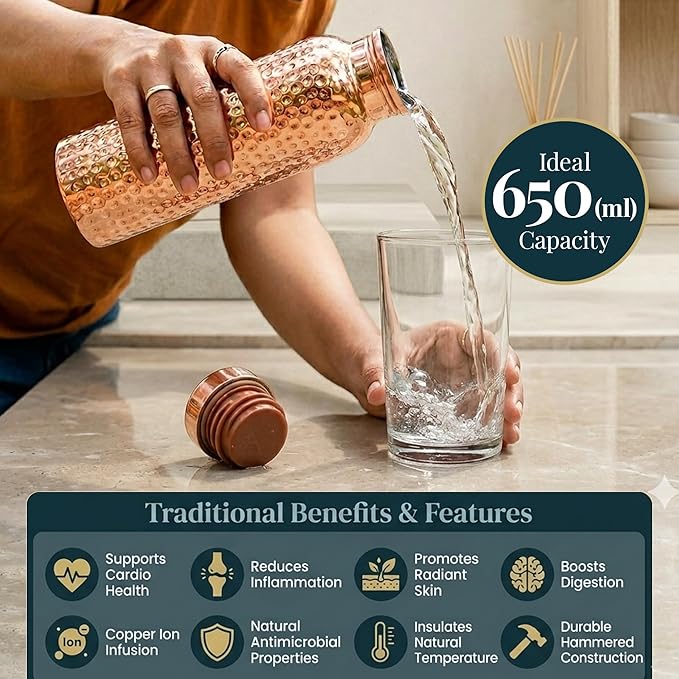 Four Flowers Copper Water Bottle 650ml with Cleaning Brush – Copper Coated Exterior & Stainless Steel Interior – Leak Proof Wide Mouth Metal Bottle for Travel, Gym, Office & Daily Hydration