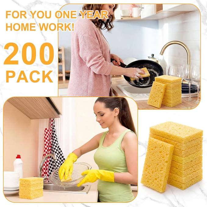 Zhengmy 200 Pieces Sponges Bulk Sponges Kitchen Compressed Sponge Natural Dish Sponge Compressed Wood Pulp Cleaning Without Scratching for Kitchen Bathroom, 3.9 x 2.4 x 0.12 Inch (Yellow)