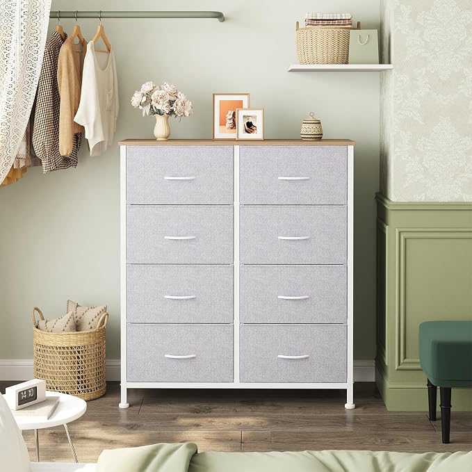 OLIXIS 8 Drawer Storage Dresser with Wood Top - Wide Fabric Chest Organizer for Bedroom, Closet, Living Room,Tower Cabinet, TV Stand, Hallway Entryway Furniture,Light Grey