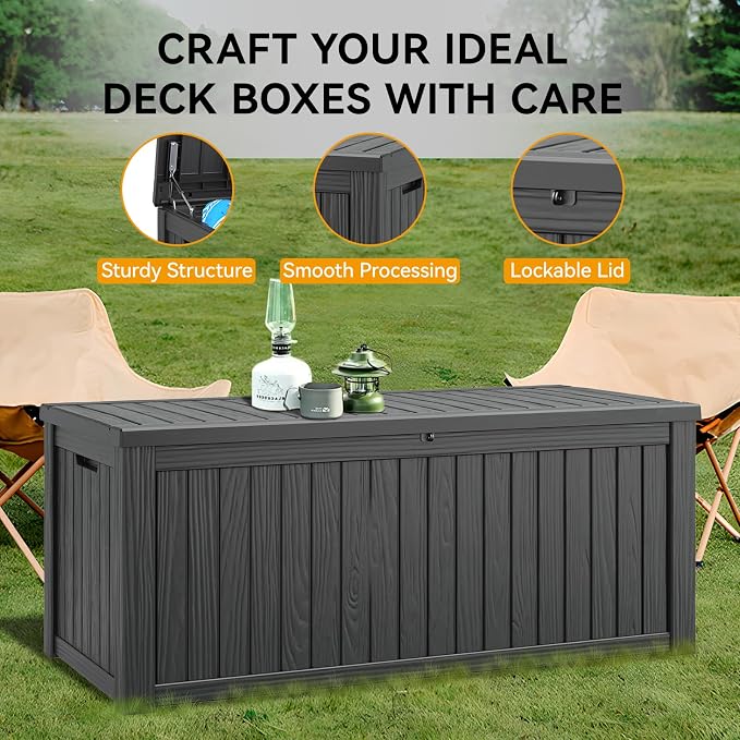 Outdoor Storage Box, 230 Gallon Large Outdoor Resin Deck Box, Storage Waterproof Boxes Lockable Lid for Garden Tools, Pool Supplies, Patio Furniture and Cushions, Black