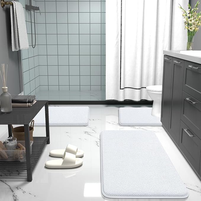 OLANLY Memory Foam Bathroom Runner Rugs 70x24, Absorbent Long Mat, White | Soft Quick Dry Bath Mat Rugs, Non-Slip, Machine Washable Mat for Bathroom Floor, Tub and Shower, Home Decor Accessories