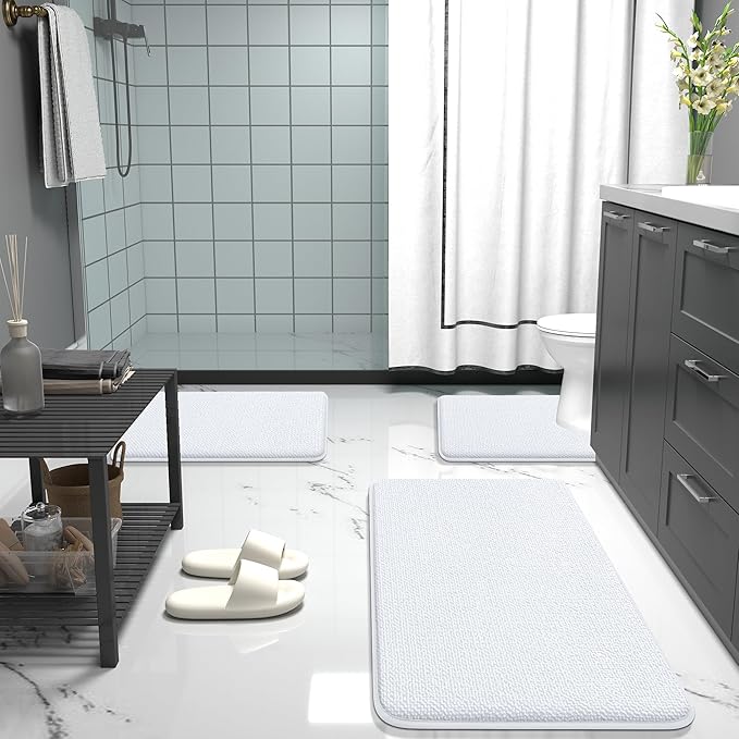 OLANLY Thick Memory Foam Bathroom Rugs 24x20, Absorbent Bath Mat, White | Soft Quick Dry Bath Rugs Mats, Non-Slip, Machine Washable Carpet for Bathroom Floor, Tub and Shower, Home Decor Accessories