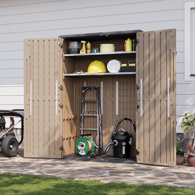 Aoxun Outdoor Storage Shed with 2 Shelves & Floor, 64 Cu.Ft Storage Cabinet | Large Outdoor Waterproof Vertical Resin Shed for Garden Tools, Pool Equipment, Brown