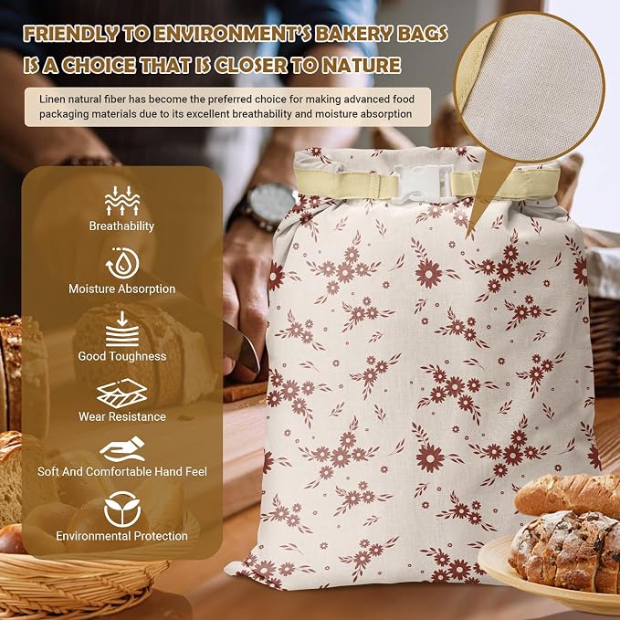 Large Linen Beeswax Bread Bags(2 Pack) Sourdough Bread Bags Reusable Double-Lock Freezer Baking Container Gift Giving for Homemade,Loaf,Sourdough,Food Storage (Vintage Daisy Sprig Pattern)