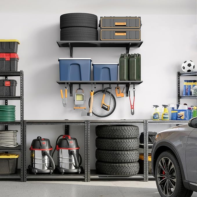 Jusgym 2-Pack 2x4ft Garage Shelving Wall Mounted, Heavy Duty Garage Wall Shelving with Hooks, 500 lbs Capacity Industrial Storage Shelves for Garage Organization