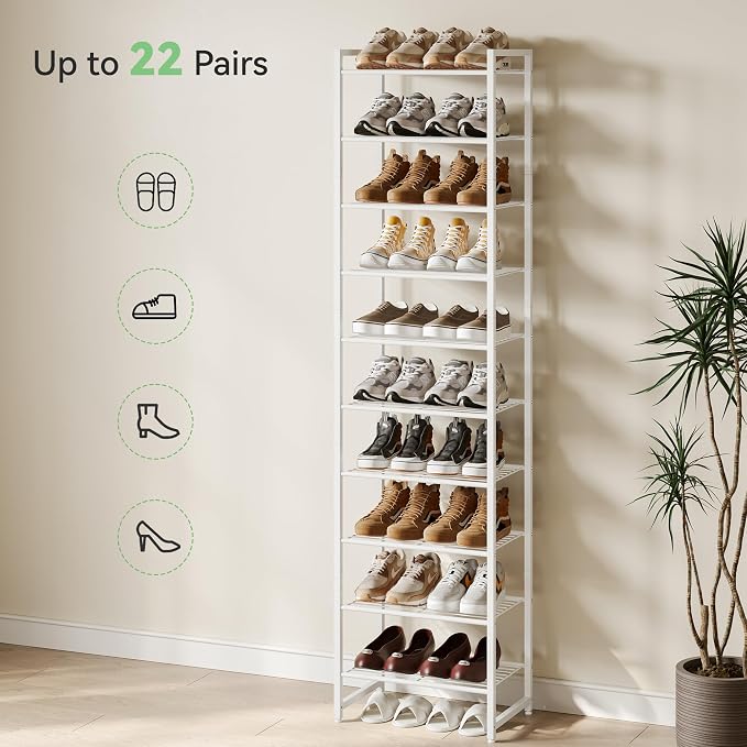 Nunsino Narrow Shoe Rack, 10-Tier Metal Shoe Organizer,Tall Shoe Shelf with Anti-Tip Strap, Max Holds 22 Pairs,Space Saving for Closet,Entryway,White