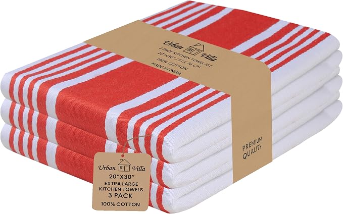 Urban Villa Kitchen Towels 100% Cotton Dish Towels for Kitchen (Set of 3) 20”x30” Dish Cloths Highly Absorbent Kitchen Linen Set with Hanging Loop Perfect for Drying Dishes Cleaning Towels-Red White