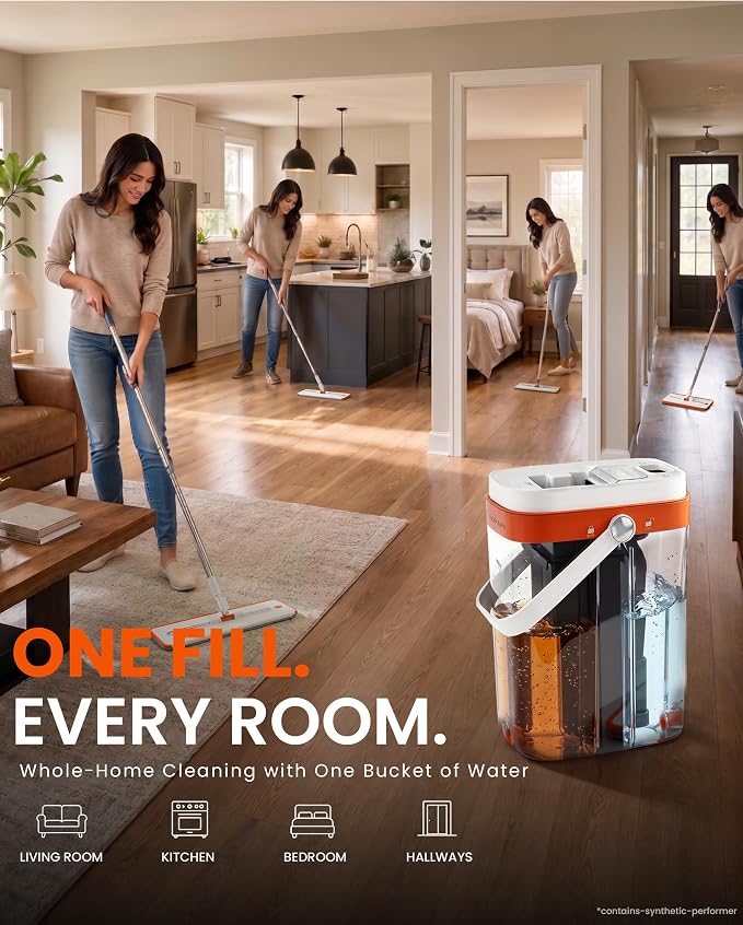 SOPAMI 3-Tank Flat Mop and Bucket System with Wringer | 53.54" Height, 4 Washable Pads. Separates Dirty & Clean Water for Hygienic Cleaning on Hardwood, Tile, Vinyl & Walls.