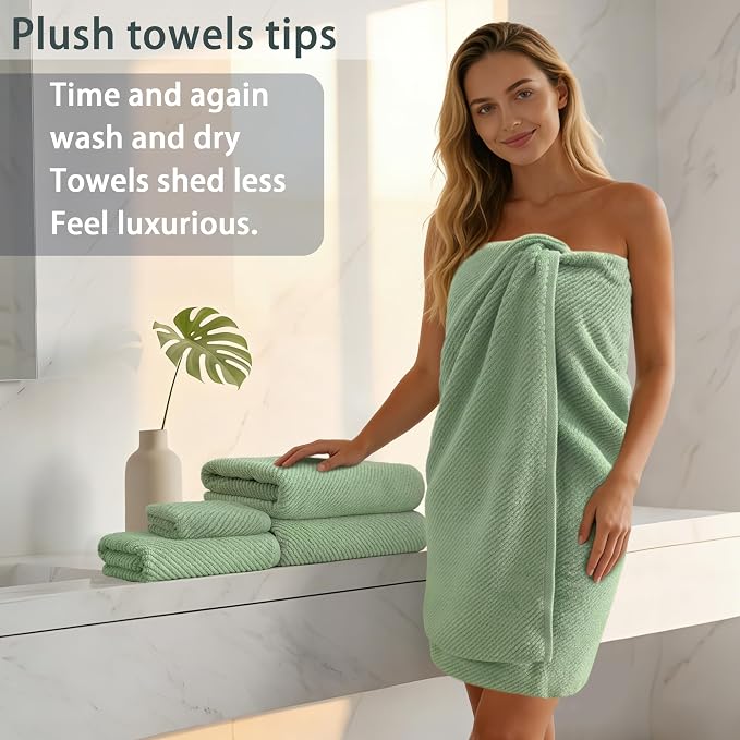 VOOVA & MOVAS 6PC Towel Set, 100% Cotton, Mint | 2 Large Bath 30x56 In, 2 Hand 18x28 In, 2 Wash Cloths 13x13 In, Quick Dry, Thick, Soft, Towel Gift Set