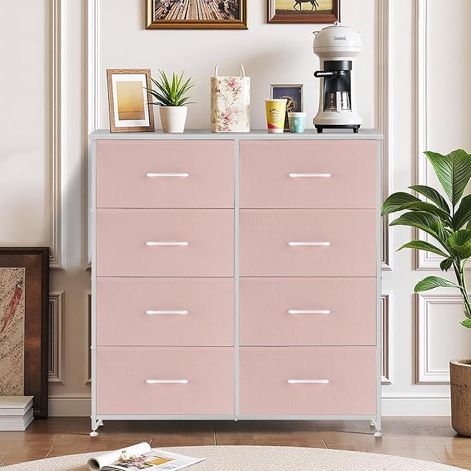 8-Drawer Dresser for Bedroom, Anti-Tip Tall Storage Organizer Chest of Drawers with Wooden Top and Metal Frame Fabric Bins for Closet, Living Room, Hallway, Entryway, Pink