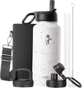 Coolflask Water Bottle 32 oz Insulated with Straw, Stainless Steel Metal 3 Lids Water Flask Wide Mouth for Sports or Office, Non-BPA Keep Cold Up to 48 Hrs or Hot Up to 24 Hrs, Arctic White